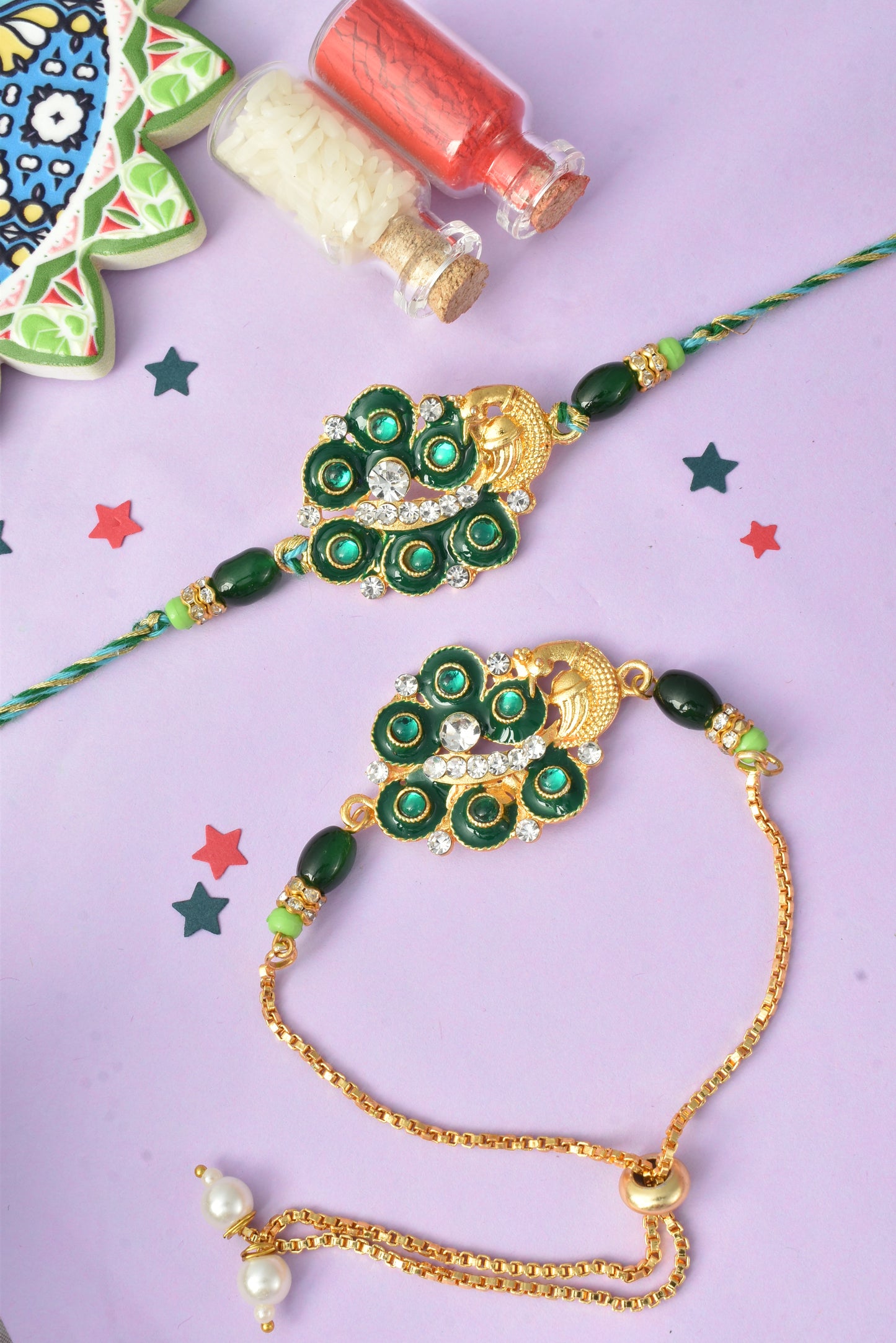 Green Peacock Design - Bracelet Bhai Bhabhi Rakhi