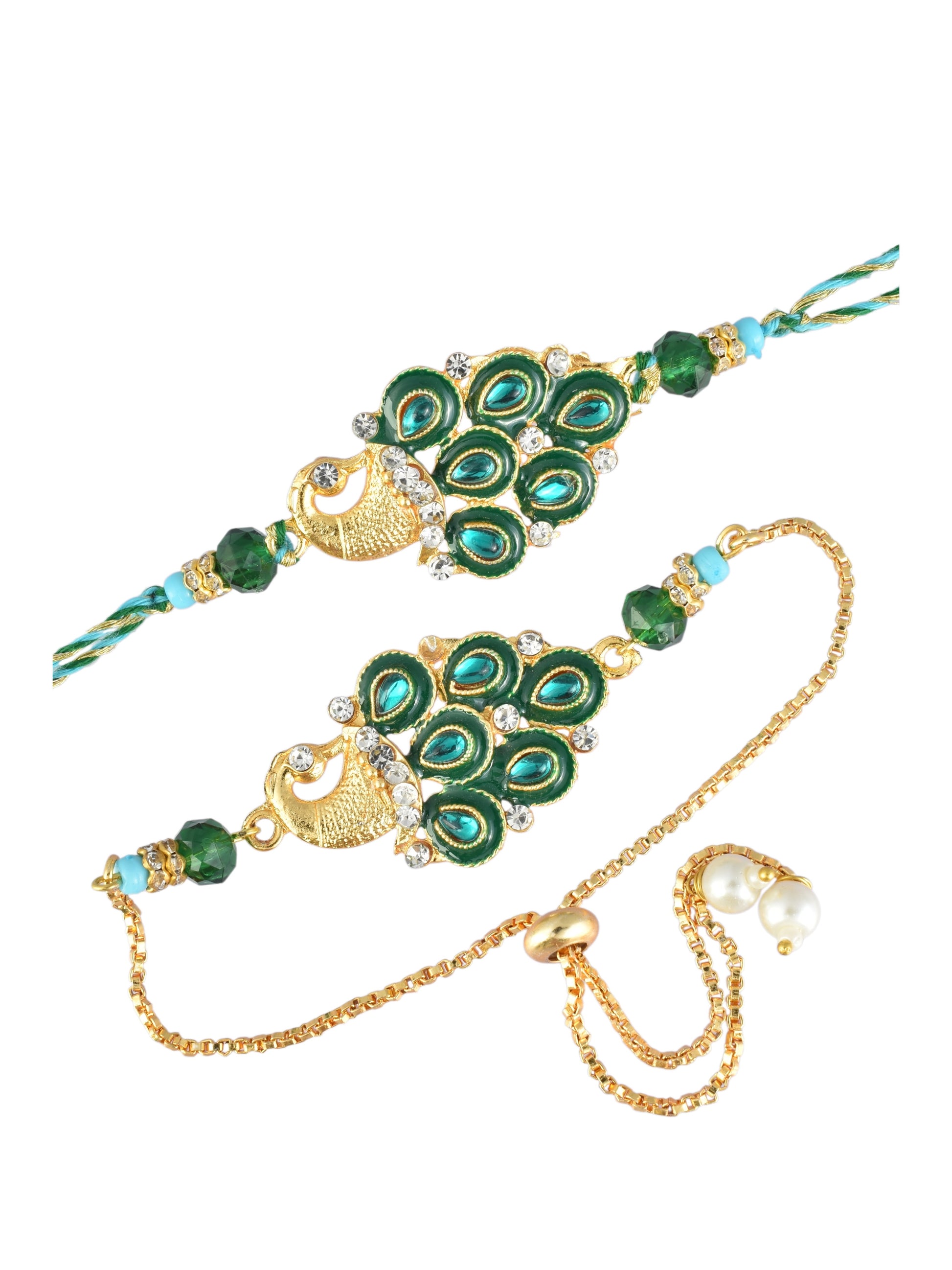 Premium Green Peacock Design AD Studded Beaded Bhai and Bracelet Type for Bhabhi