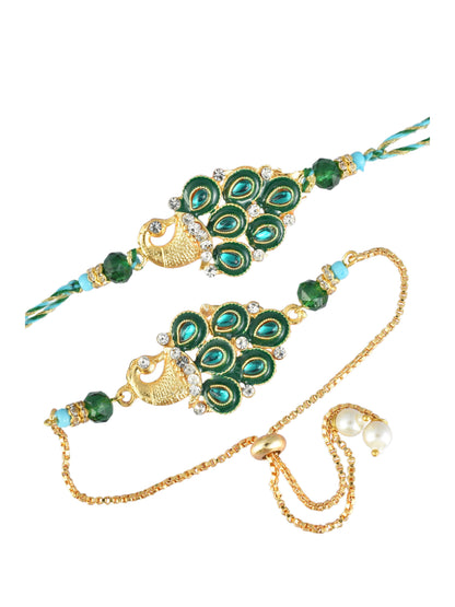 Premium Green Peacock Design AD Studded Beaded Bhai and Bracelet Type for Bhabhi
