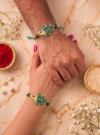 Premium Green Peacock Design AD Studded Beaded Bhai and Bracelet Type for Bhabhi