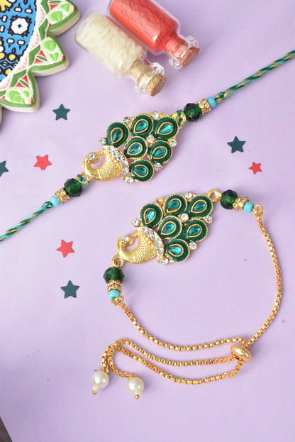 Premium Green Peacock Design AD Studded Beaded Bhai and Bracelet Type for Bhabhi