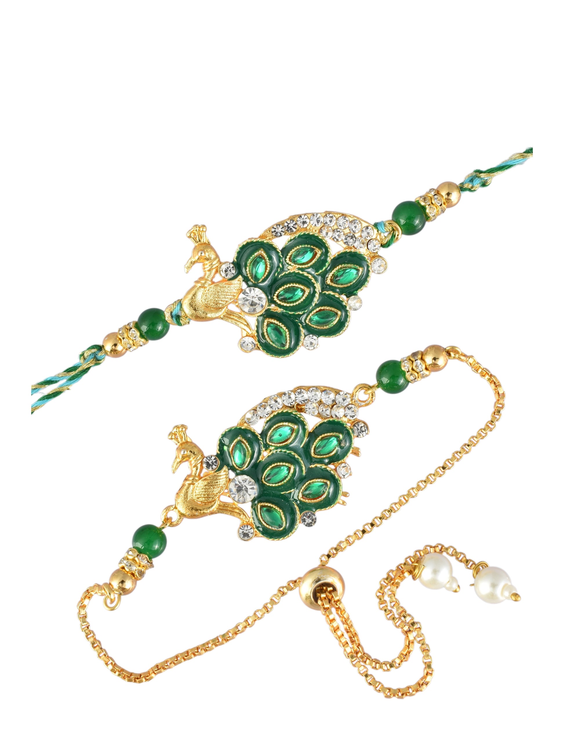 Premium Green Peacock Design AD Studded Beaded Bhai and Bracelet Type for Bhabhi