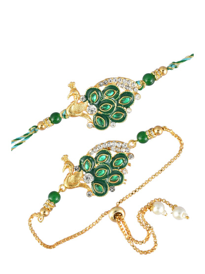 Premium Green Peacock Design AD Studded Beaded Bhai and Bracelet Type for Bhabhi