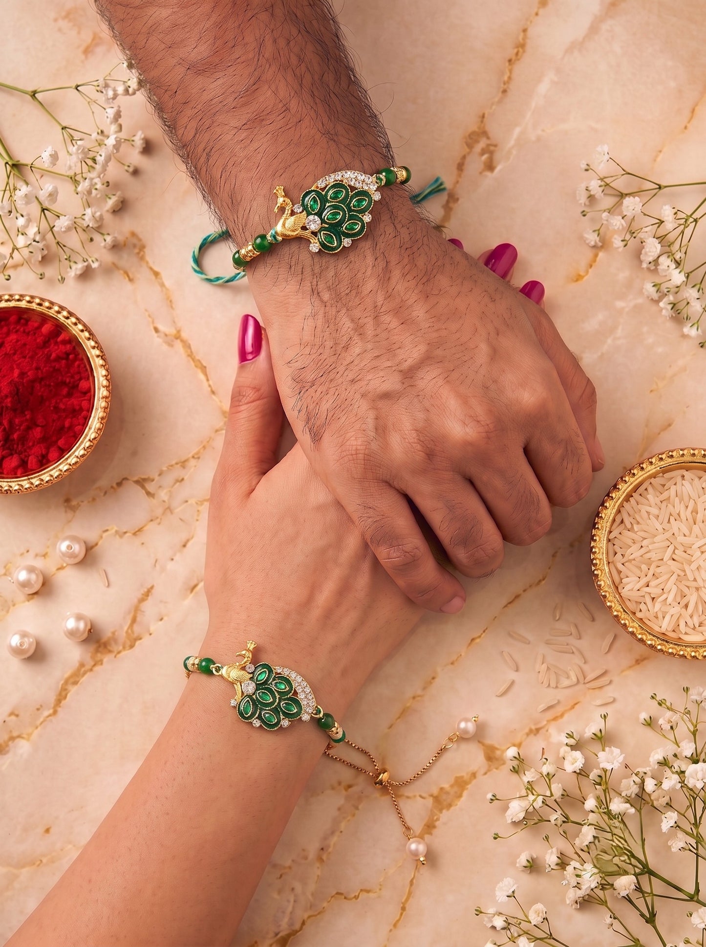 Premium Green Peacock Design AD Studded Beaded Bhai and Bracelet Type for Bhabhi