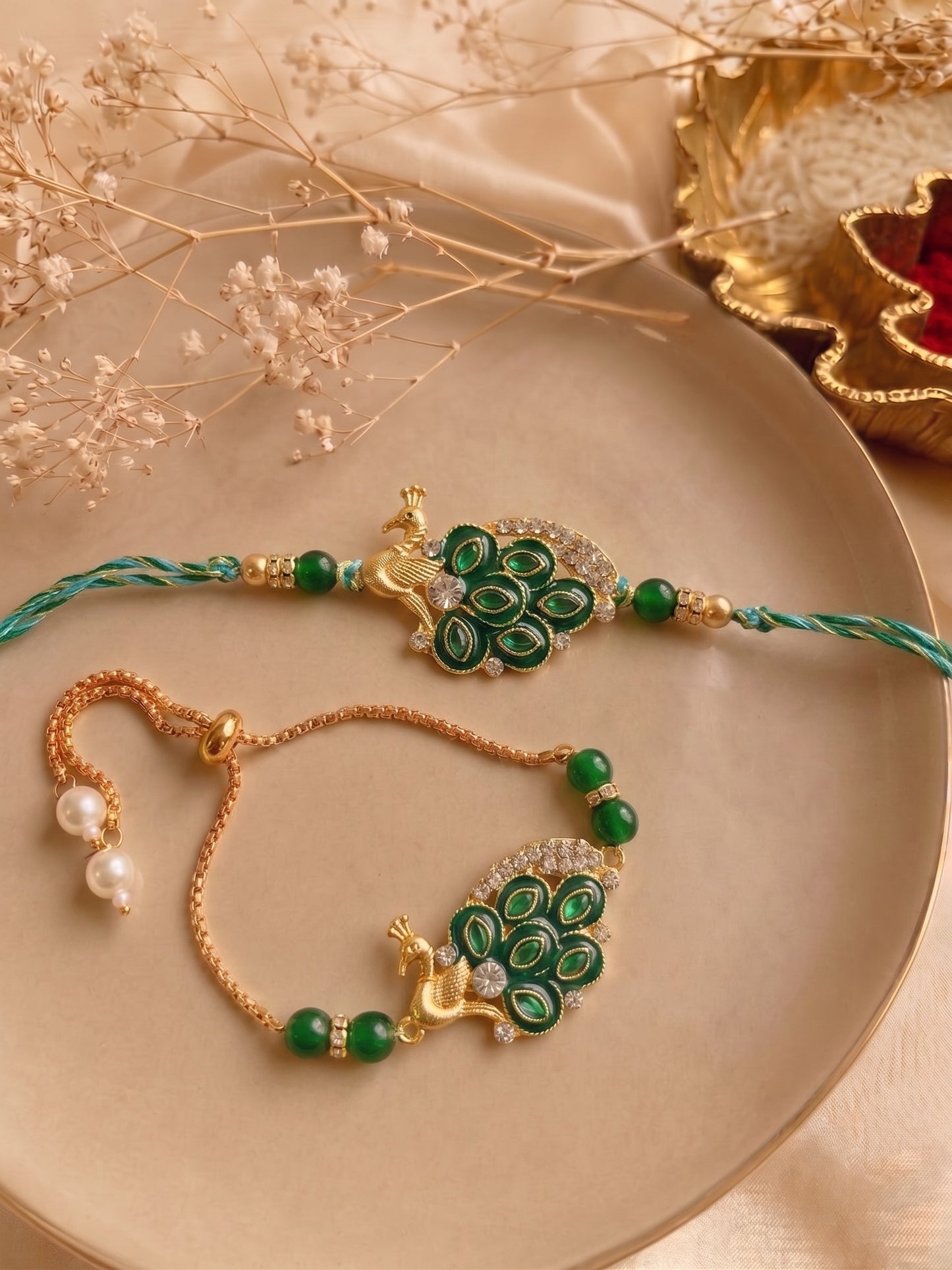Premium Green Peacock Design AD Studded Beaded Bhai and Bracelet Type for Bhabhi