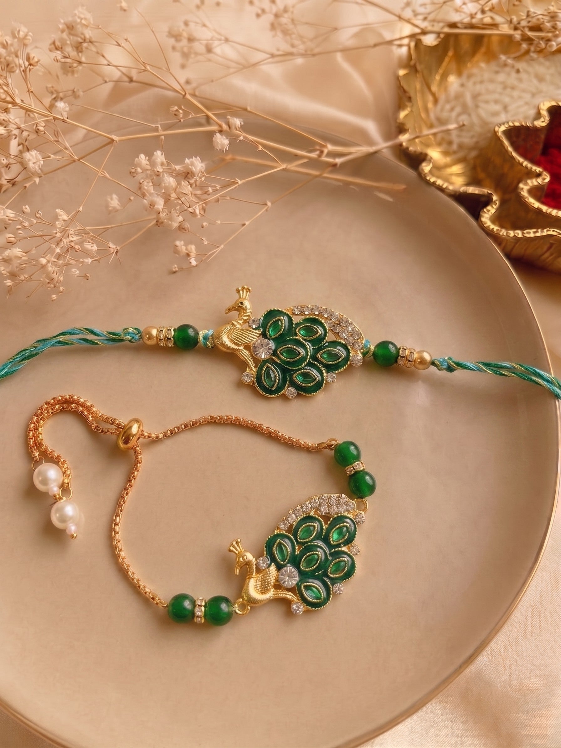 Premium Green Peacock Design AD Studded Beaded Bhai and Bracelet Type for Bhabhi