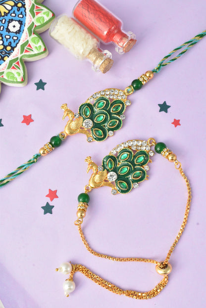 Premium Green Peacock Design AD Studded Beaded Bhai and Bracelet Type for Bhabhi