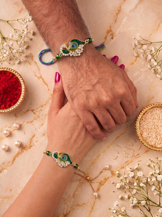 Premium Green Peacock Design AD Studded Beaded Bhai and Bracelet Type for Bhabhi