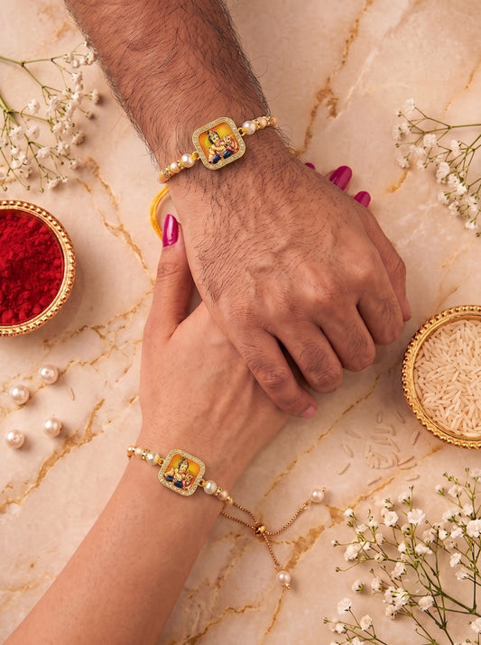 Premium Orange Krishna Design AD Studded Beaded Bhai and Bracelet Type for Bhabhi