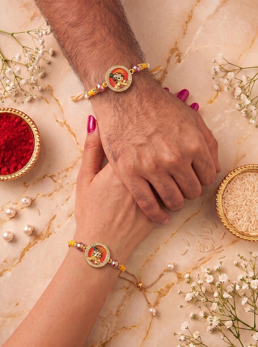 Premium Orange Krishna Design AD Studded Beaded Bhai and Bracelet Type for Bhabhi