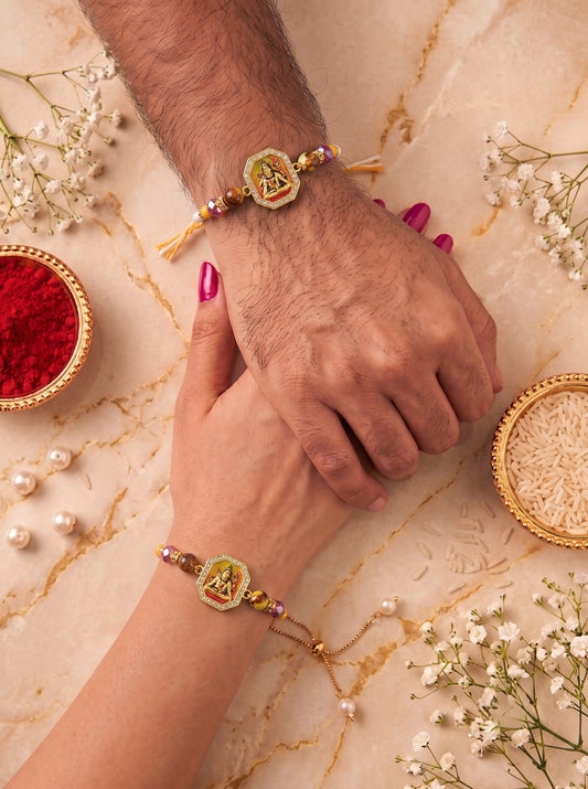 Premium Orange Shiva Design AD Studded Beaded Bhai and Bracelet Type for Bhabhi