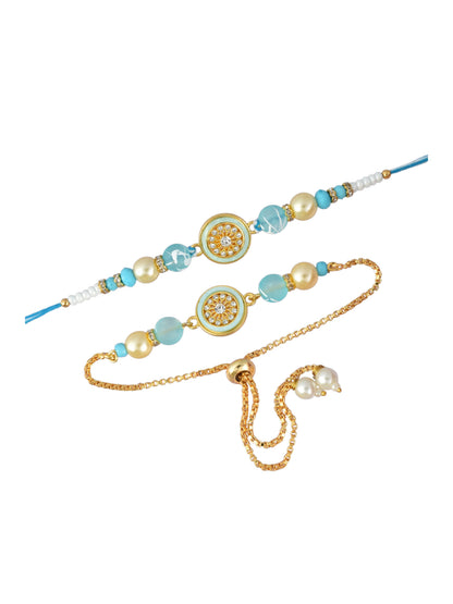 Premium Pastel Round Design AD Studded Beaded Bhai and Bracelet Type for Bhabhi - Blue