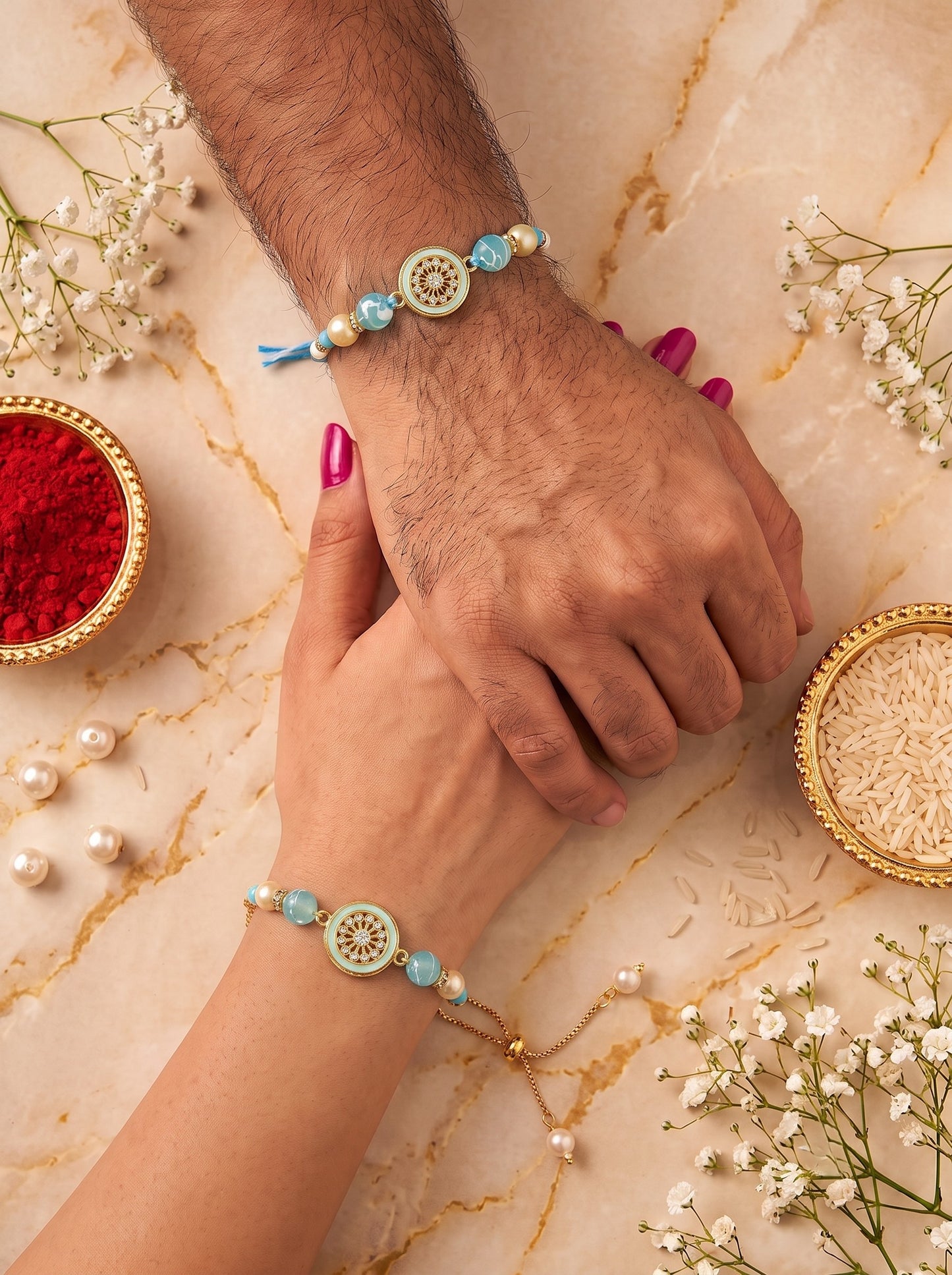 Premium Pastel Round Design AD Studded Beaded Bhai and Bracelet Type for Bhabhi - Blue