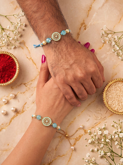 Premium Pastel Round Design AD Studded Beaded Bhai and Bracelet Type for Bhabhi - Blue