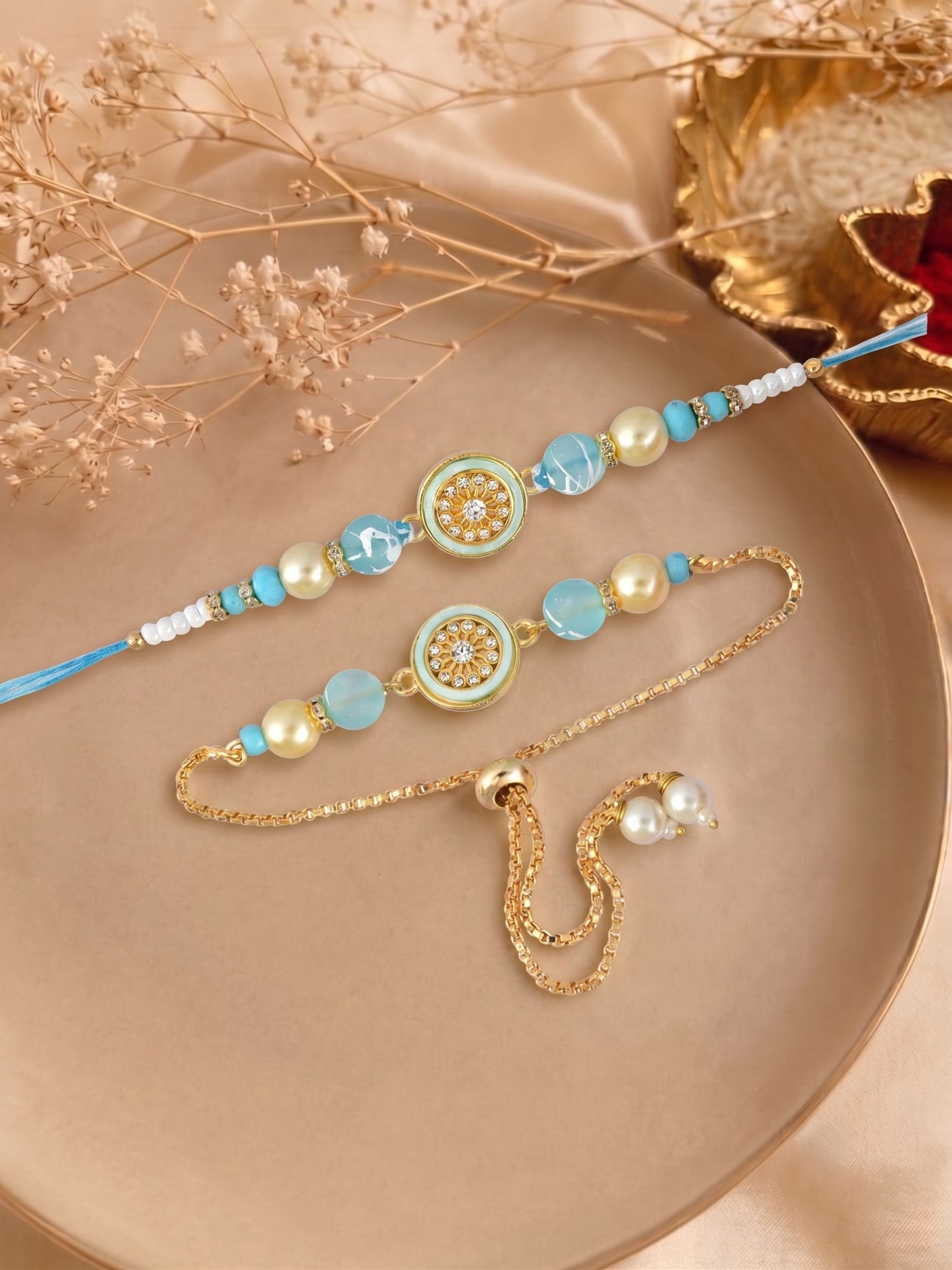Premium Pastel Round Design AD Studded Beaded Bhai and Bracelet Type for Bhabhi - Blue