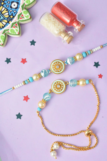 Premium Pastel Round Design AD Studded Beaded Bhai and Bracelet Type for Bhabhi - Blue