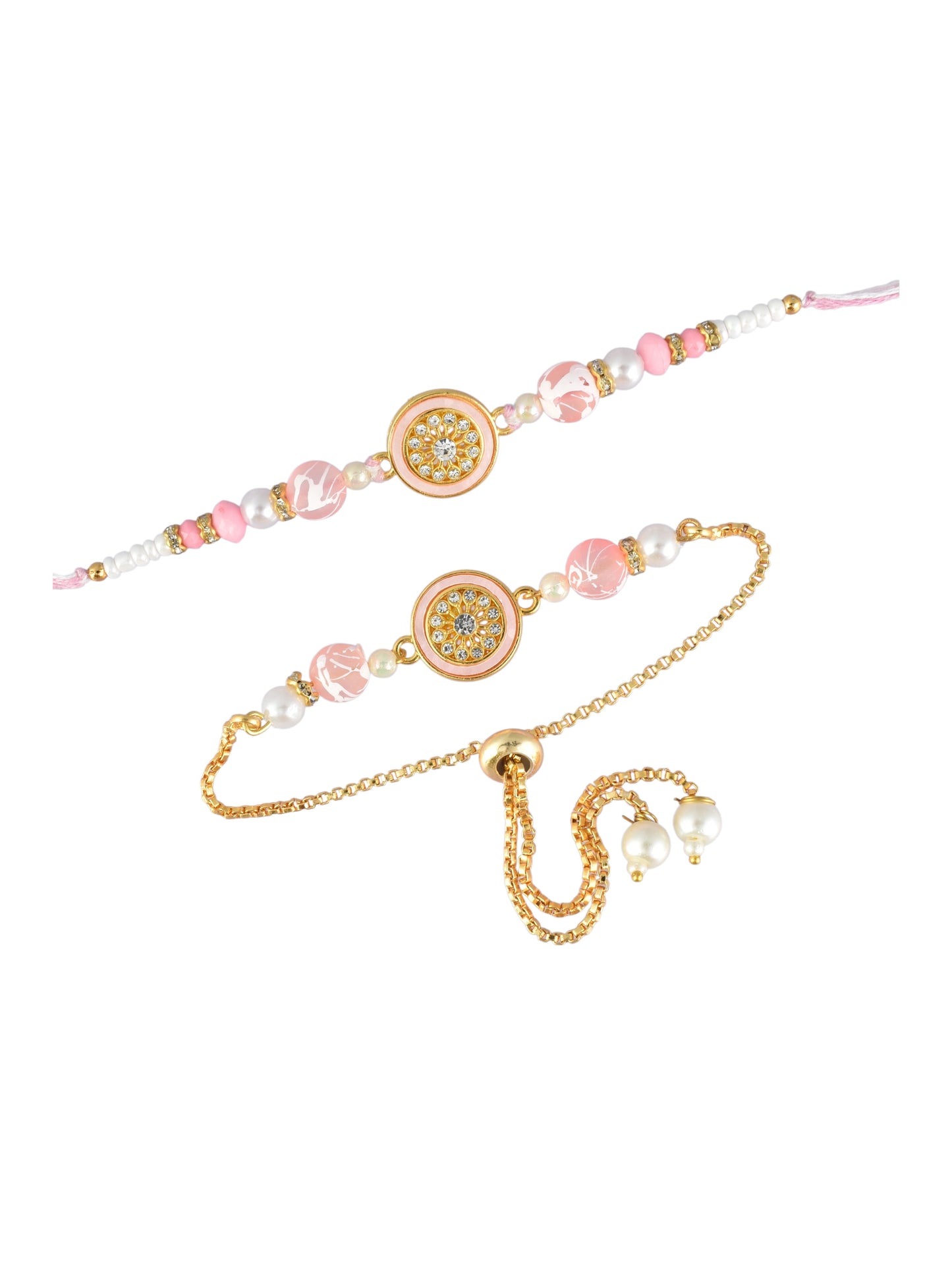 Premium Pastel Round Design AD Studded Beaded Bhai and Bracelet Type for Bhabhi - Pink