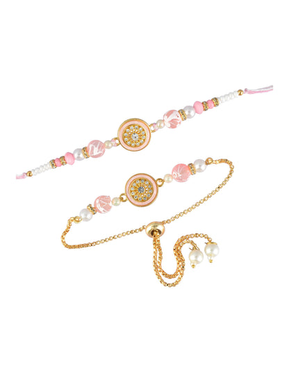 Premium Pastel Round Design AD Studded Beaded Bhai and Bracelet Type for Bhabhi - Pink