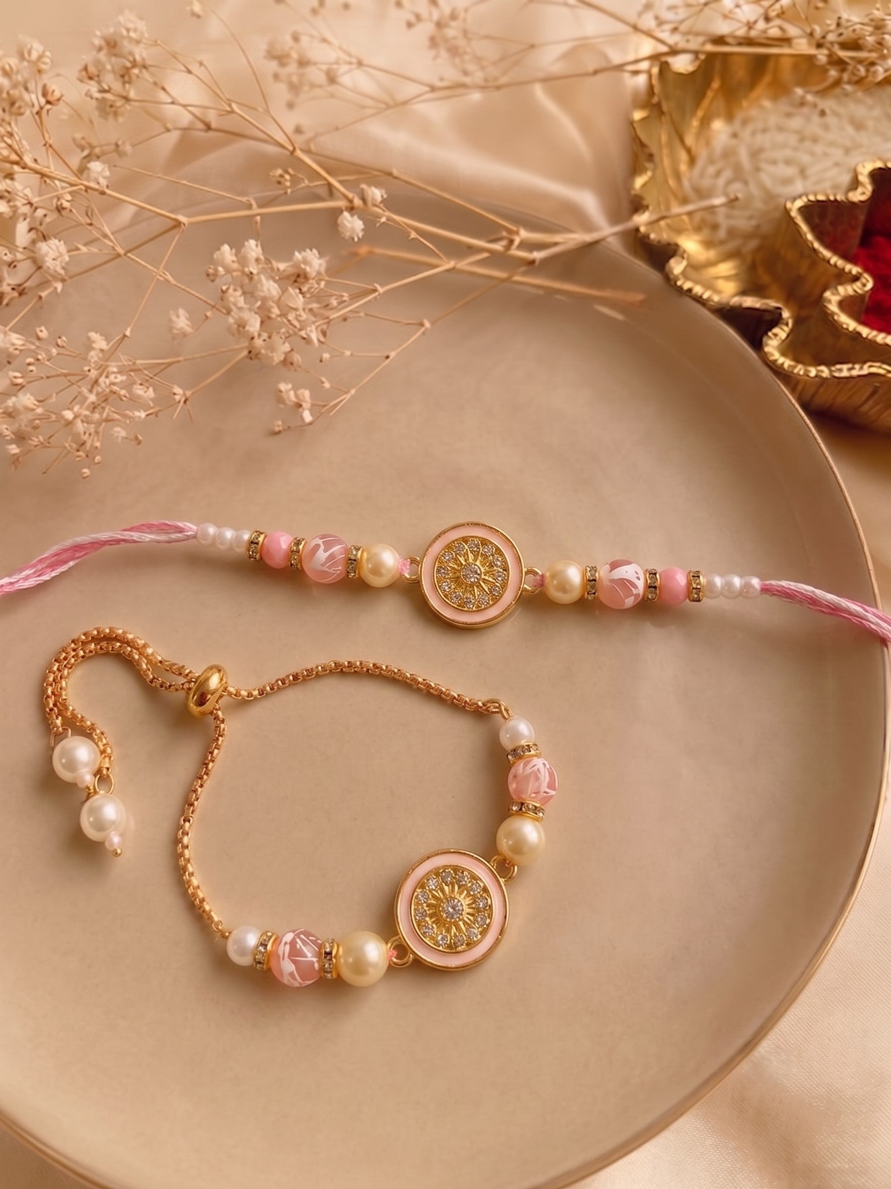 Premium Pastel Round Design AD Studded Beaded Bhai and Bracelet Type for Bhabhi - Pink