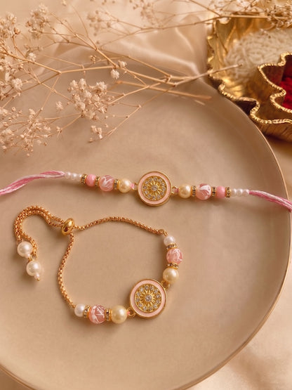 Premium Pastel Round Design AD Studded Beaded Bhai and Bracelet Type for Bhabhi - Pink