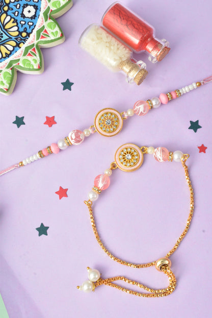 Premium Pastel Round Design AD Studded Beaded Bhai and Bracelet Type for Bhabhi - Pink