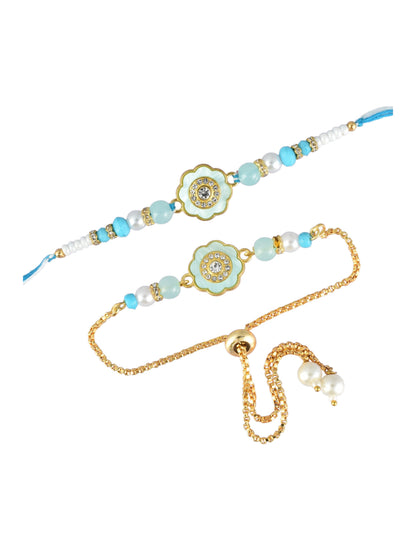 Premium Pastel Round Design AD Studded Beaded Bhai and Bracelet Type for Bhabhi - Blue