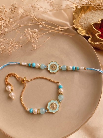 Premium Pastel Round Design AD Studded Beaded Bhai and Bracelet Type for Bhabhi - Blue