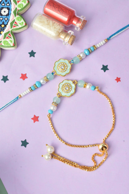 Premium Pastel Round Design AD Studded Beaded Bhai and Bracelet Type for Bhabhi - Blue