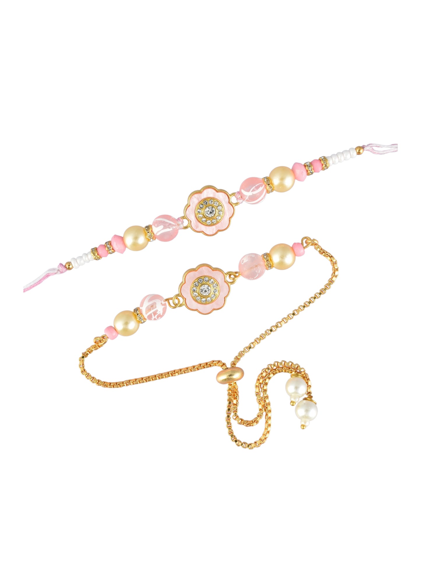 Premium Pastel Round Design AD Studded Beaded Bhai and Bracelet Type for Bhabhi - Pink