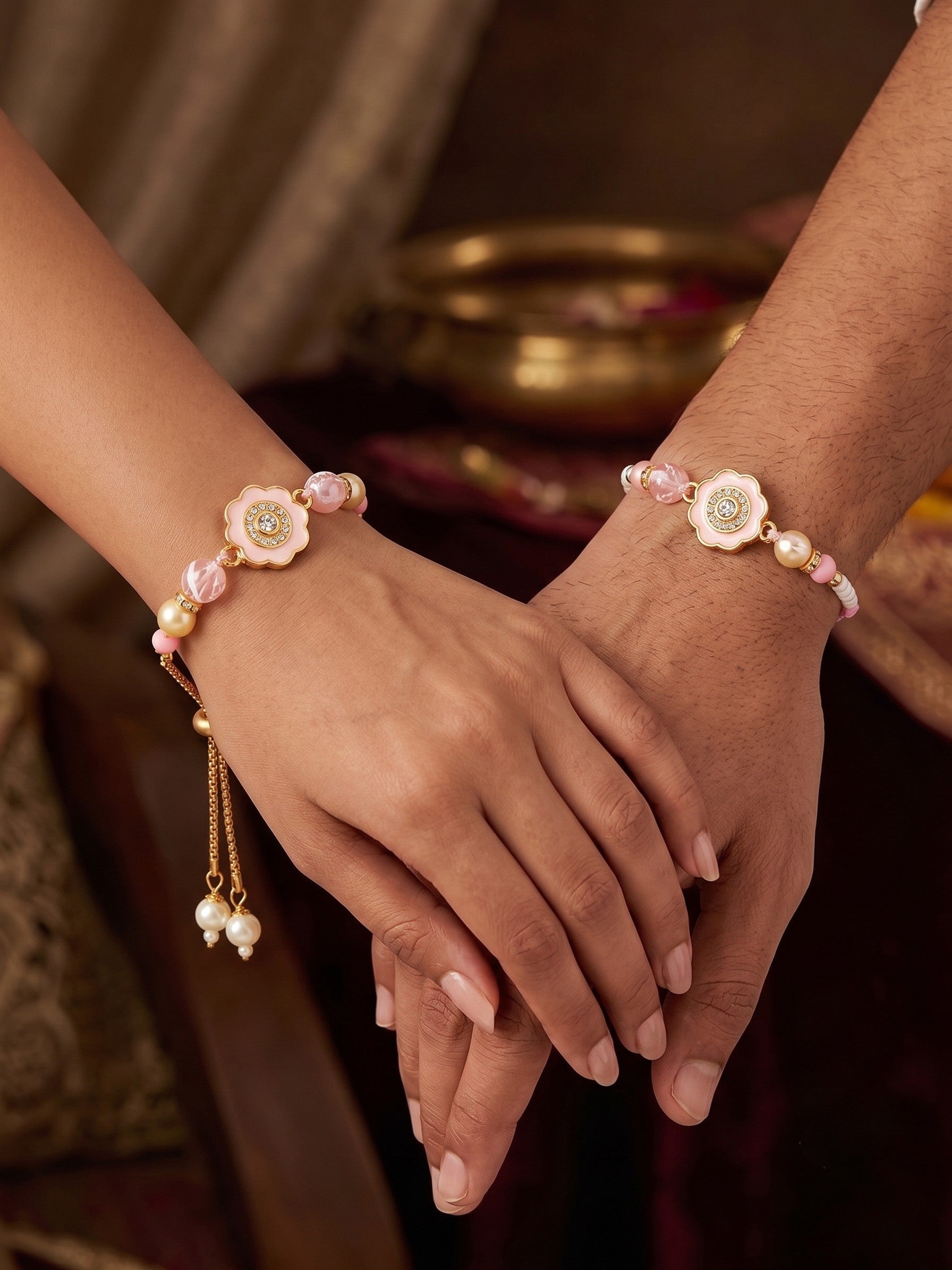 Premium Pastel Round Design AD Studded Beaded Bhai and Bracelet Type for Bhabhi - Pink