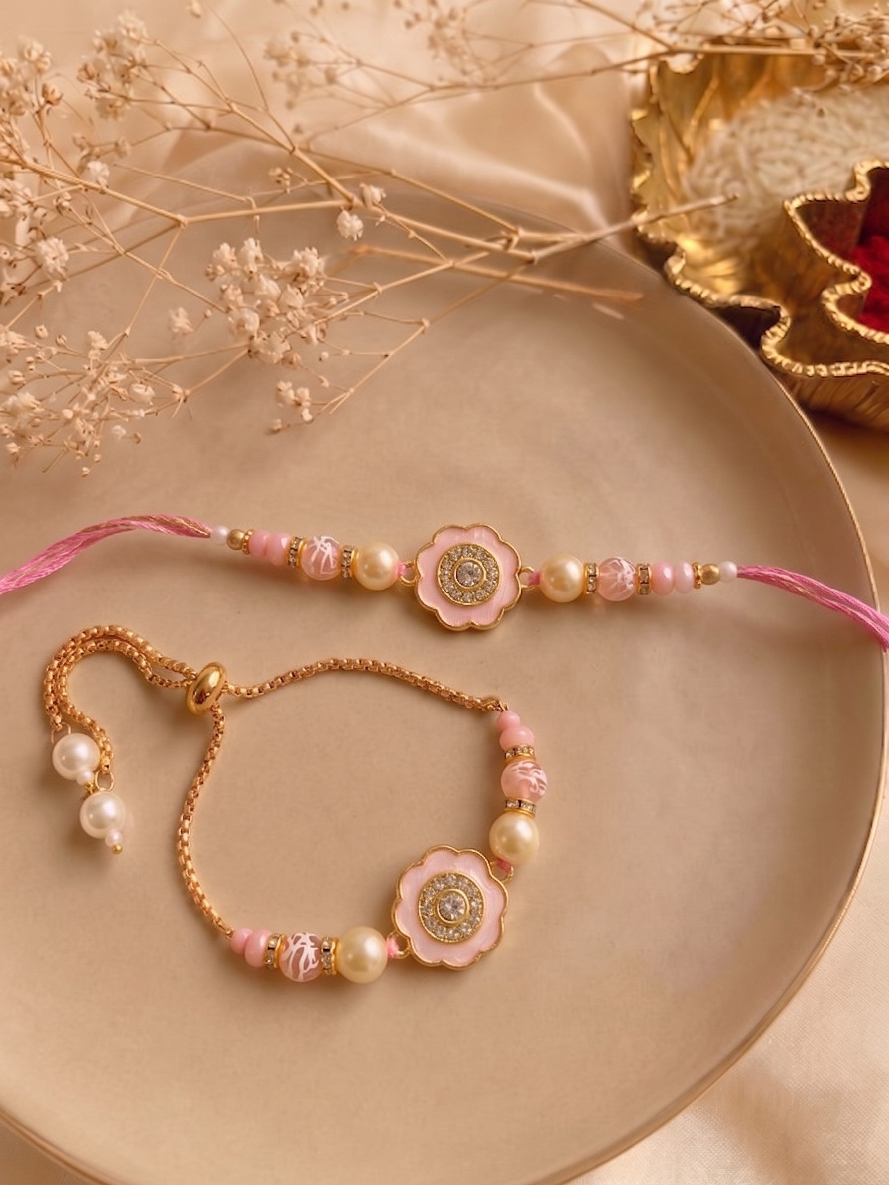 Premium Pastel Round Design AD Studded Beaded Bhai and Bracelet Type for Bhabhi - Pink