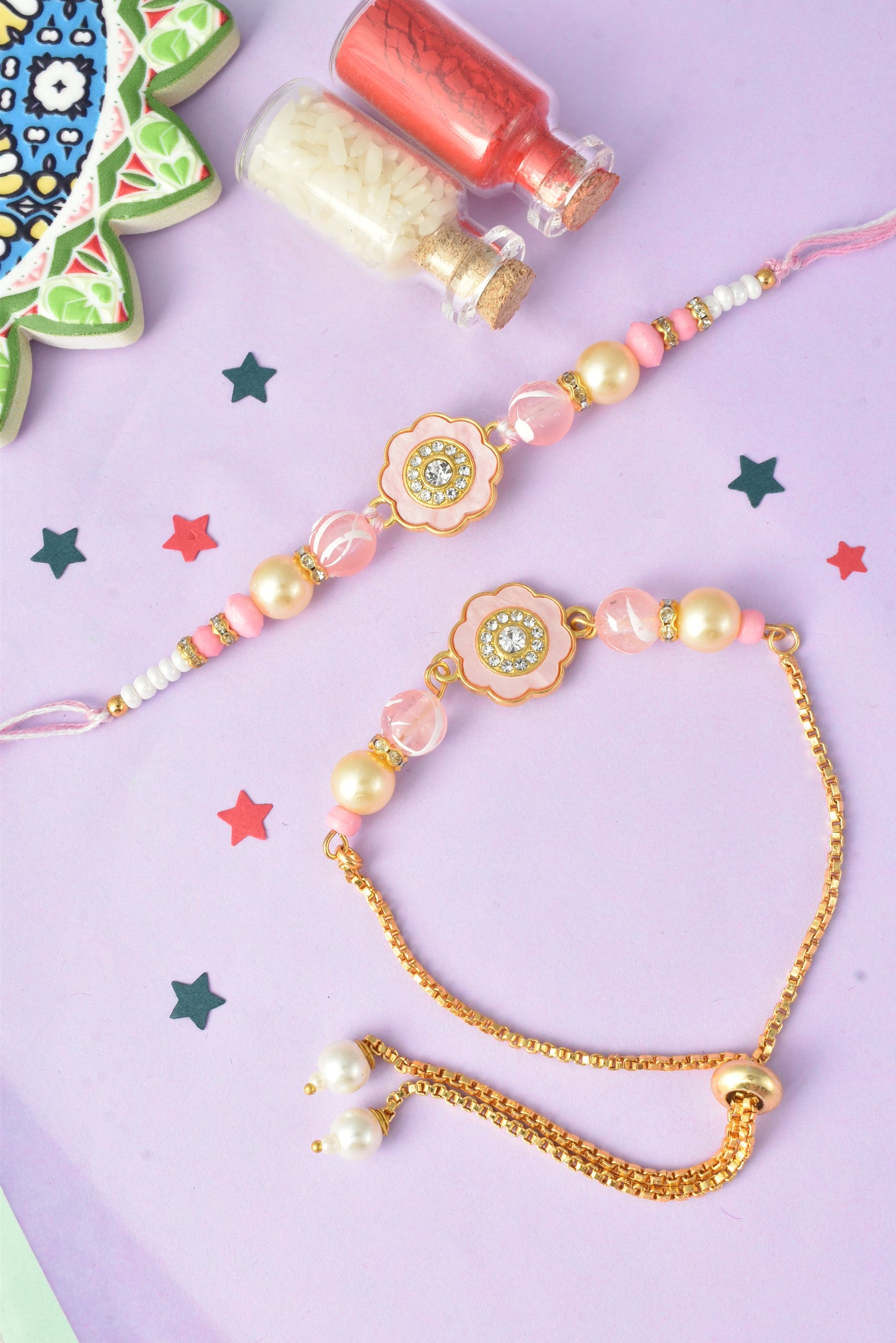 Premium Pastel Round Design AD Studded Beaded Bhai and Bracelet Type for Bhabhi - Pink