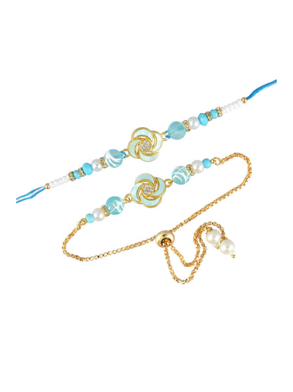 Premium Pastel Round Design AD Studded Beaded Bhai and Bracelet Type for Bhabhi - Blue