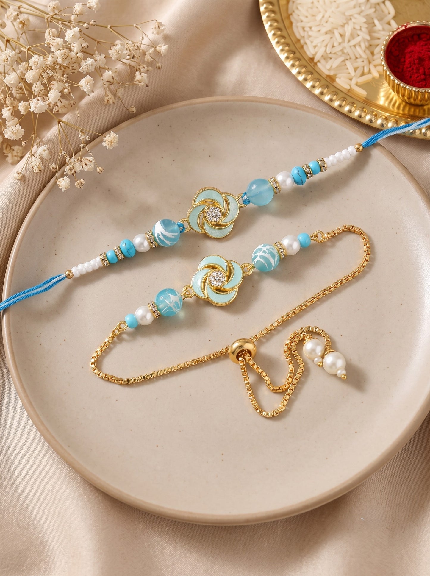Premium Pastel Round Design AD Studded Beaded Bhai and Bracelet Type for Bhabhi - Blue