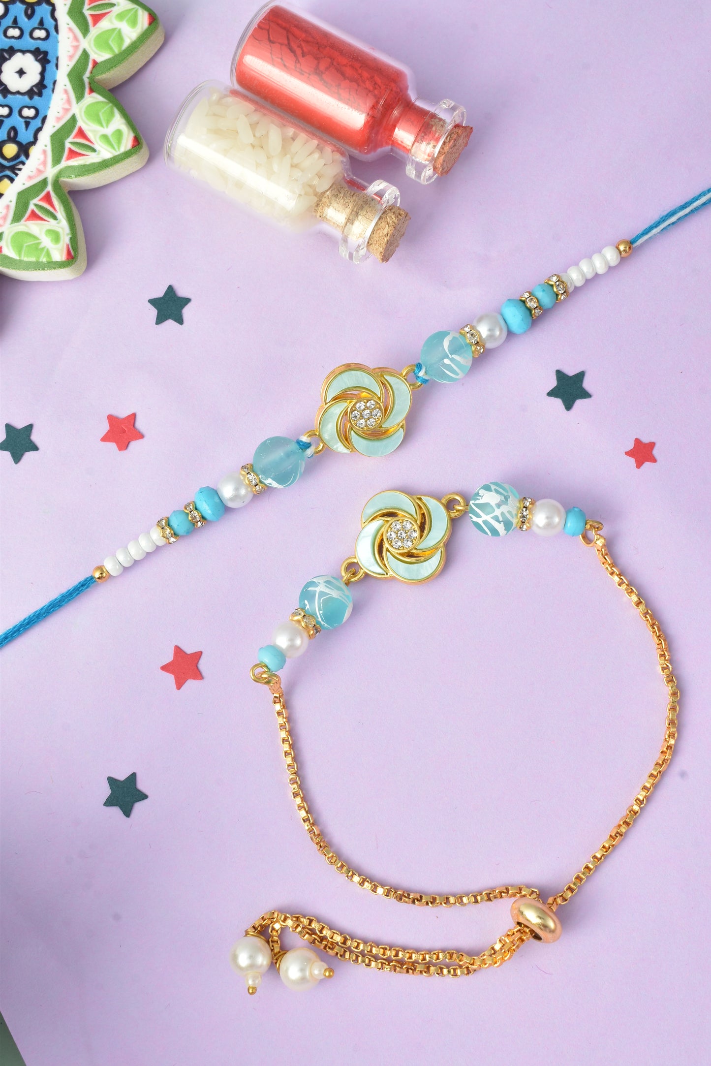 Premium Pastel Round Design AD Studded Beaded Bhai and Bracelet Type for Bhabhi - Blue