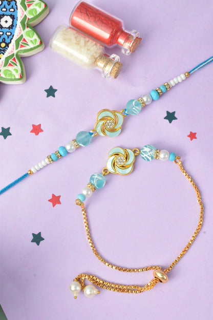 Premium Pastel Round Design AD Studded Beaded Bhai and Bracelet Type for Bhabhi - Blue
