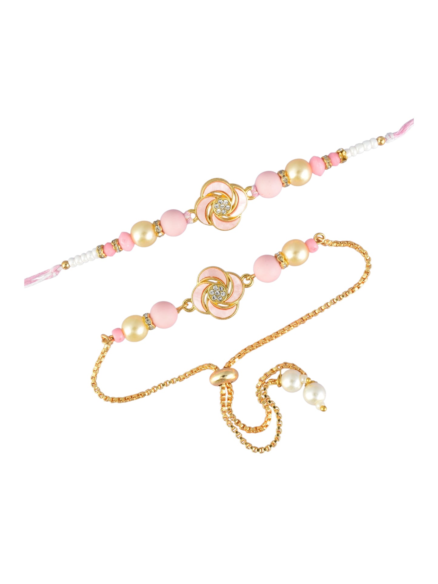 Premium Pastel Round Design AD Studded Beaded Bhai and Bracelet Type for Bhabhi - Pink