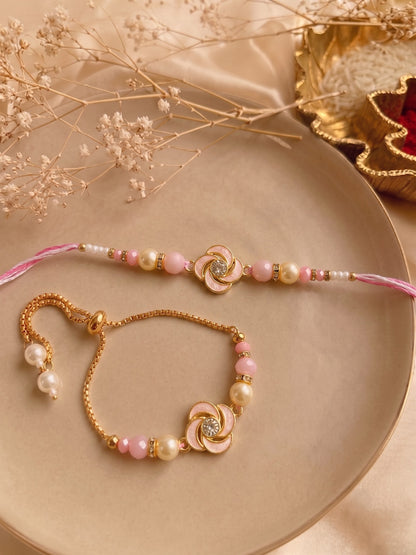 Premium Pastel Round Design AD Studded Beaded Bhai and Bracelet Type for Bhabhi - Pink