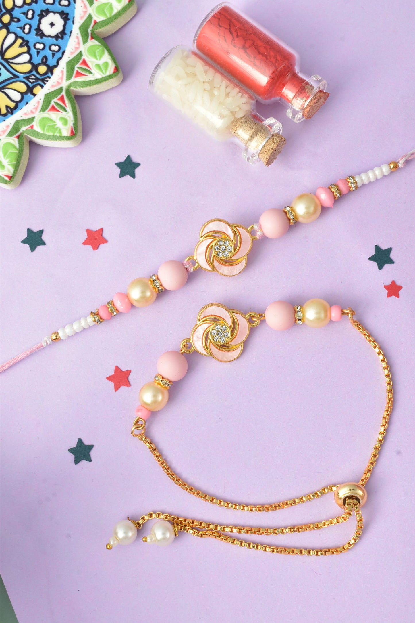 Premium Pastel Round Design AD Studded Beaded Bhai and Bracelet Type for Bhabhi - Pink