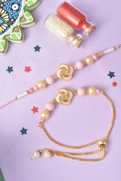 Premium Pastel Round Design AD Studded Beaded Bhai and Bracelet Type for Bhabhi - Pink