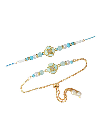 Premium Pastel Round Design AD Studded Beaded Bhai and Bracelet Type for Bhabhi - Blue
