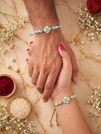 Premium Pastel Round Design AD Studded Beaded Bhai and Bracelet Type for Bhabhi - Blue
