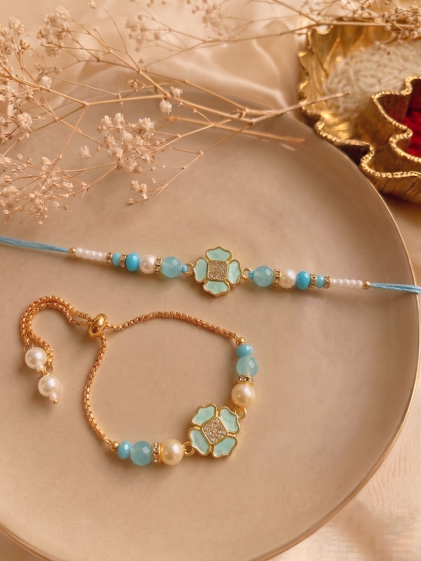 Premium Pastel Round Design AD Studded Beaded Bhai and Bracelet Type for Bhabhi - Blue
