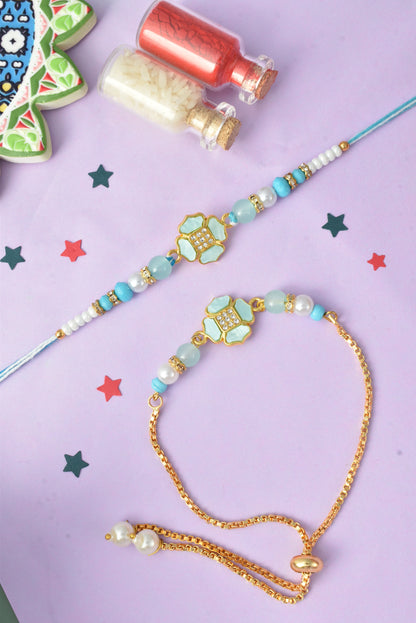 Premium Pastel Round Design AD Studded Beaded Bhai and Bracelet Type for Bhabhi - Blue