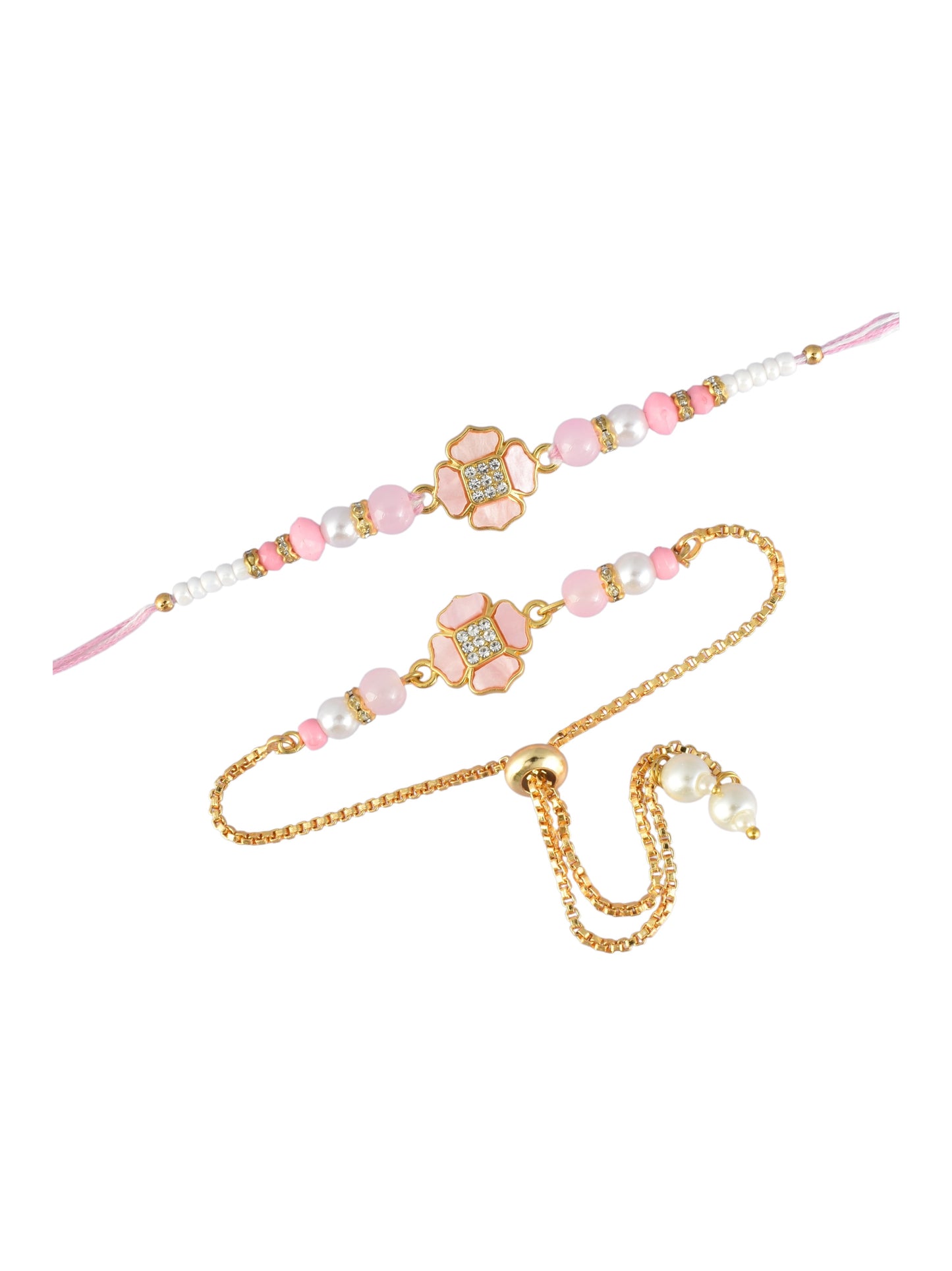Premium Pastel Round Design AD Studded Beaded Bhai and Bracelet Type for Bhabhi - Pink