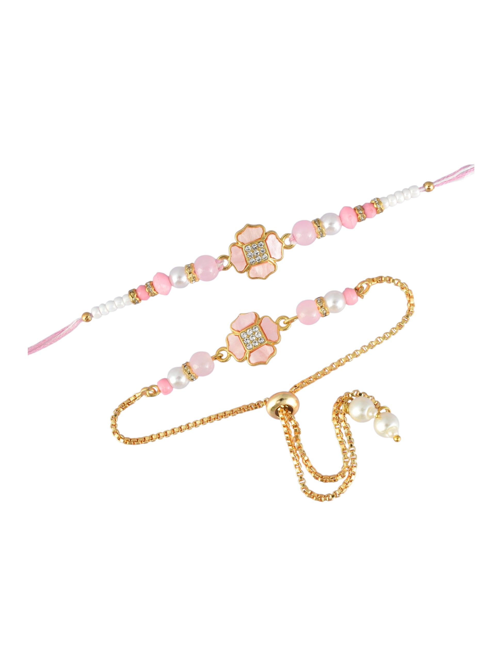 Premium Pastel Round Design AD Studded Beaded Bhai and Bracelet Type for Bhabhi - Pink