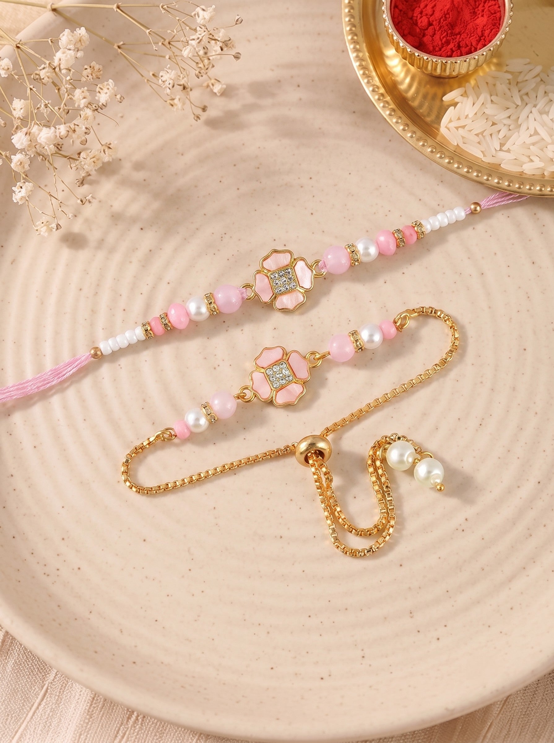 Premium Pastel Round Design AD Studded Beaded Bhai and Bracelet Type for Bhabhi - Pink