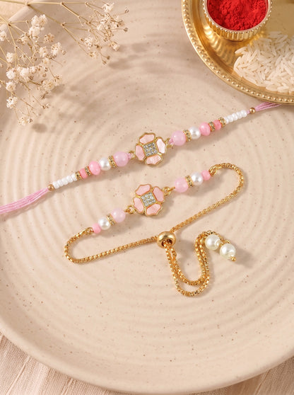 Premium Pastel Round Design AD Studded Beaded Bhai and Bracelet Type for Bhabhi - Pink