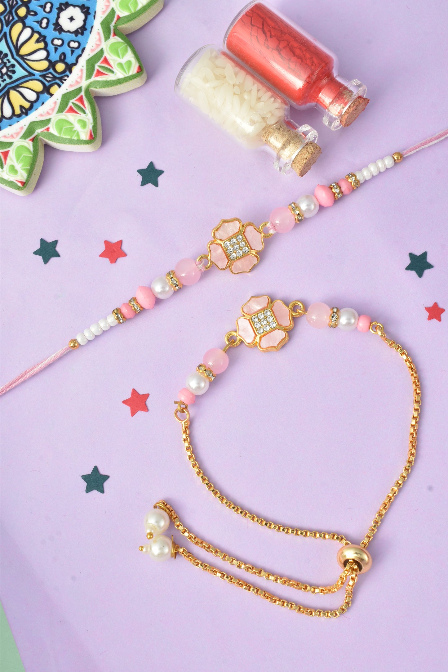 Premium Pastel Round Design AD Studded Beaded Bhai and Bracelet Type for Bhabhi - Pink