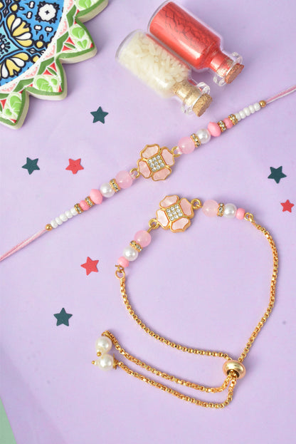 Premium Pastel Round Design AD Studded Beaded Bhai and Bracelet Type for Bhabhi - Pink